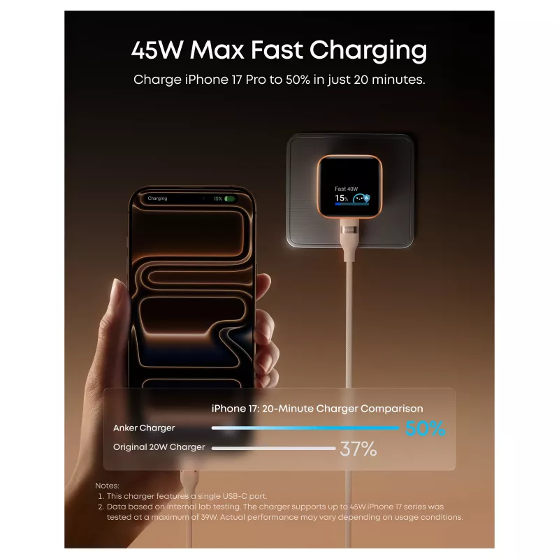 Anker Nano Charger 45W GaN USB-C įkroviklis su ActiveShield 5.0, jutikliniu valdymu, SmartDisplay, iPhone atpažinimu, oranžinis