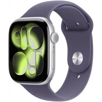 Apple Watch Series 11 (2025) GPS 46mm sidabrinis aliuminio korpusas su Purple Fog sportine juostele M/L