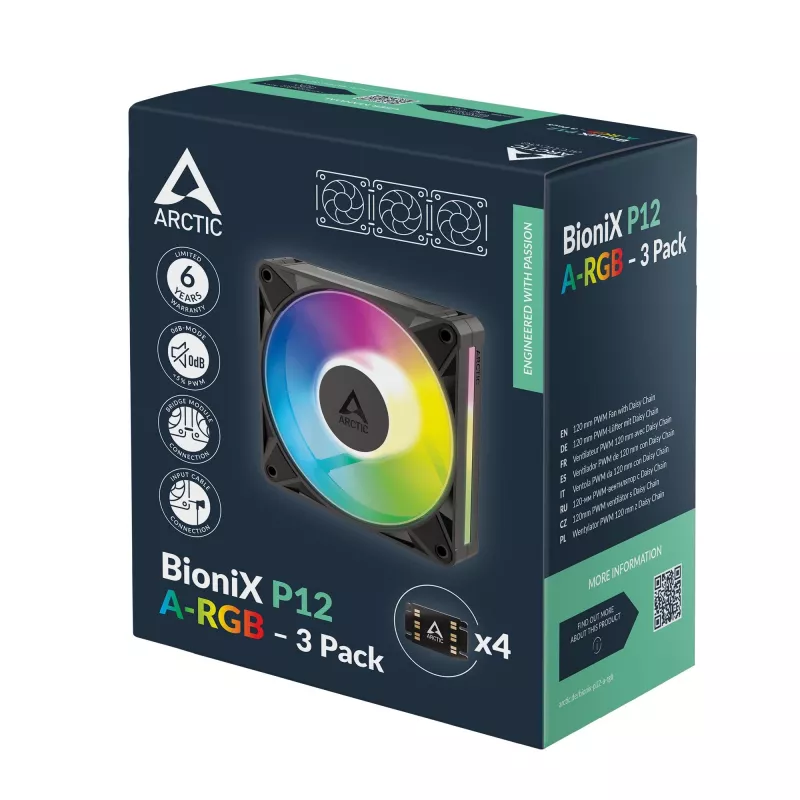 Arctic BioniX P12 A-RGB 120mm PWM Case Ventiliatorius (3 vnt.) – Adresuojamas RGB, 450-3000 RPM, 129 m³/h, Juoda