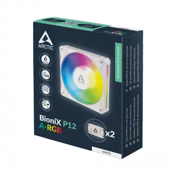 ARCTIC BioniX P12 A-RGB baltas 120mm PWM korpuso ventiliatorius, 450-3000 RPM, adresuojamas RGB, Daisy Chain