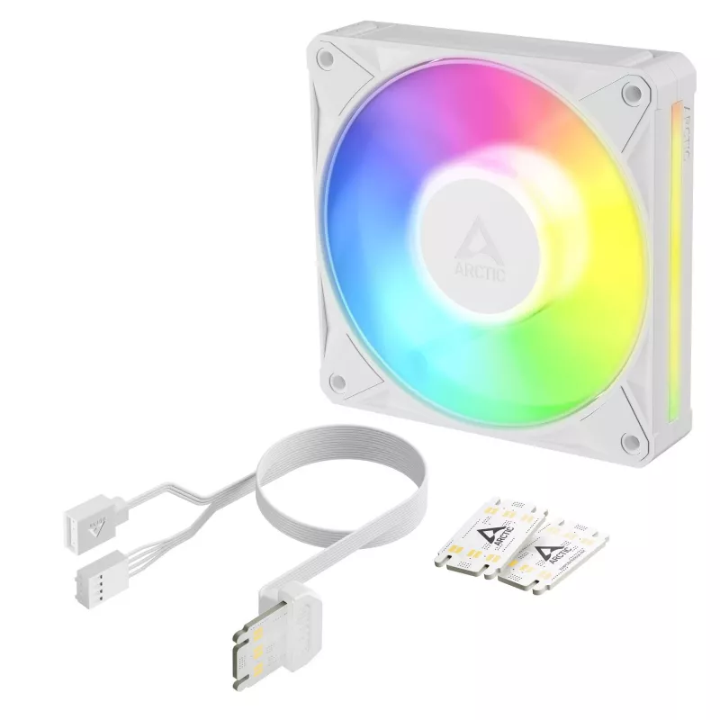 ARCTIC BioniX P12 A-RGB baltas 120mm PWM korpuso ventiliatorius, 450-3000 RPM, adresuojamas RGB, Daisy Chain