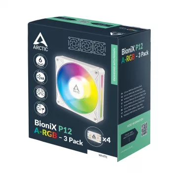 Arctic BioniX P12 A-RGB White 3-Pack – 120mm PWM Case Fan su Addressable RGB ir Daisy Chain, 450-3000 RPM