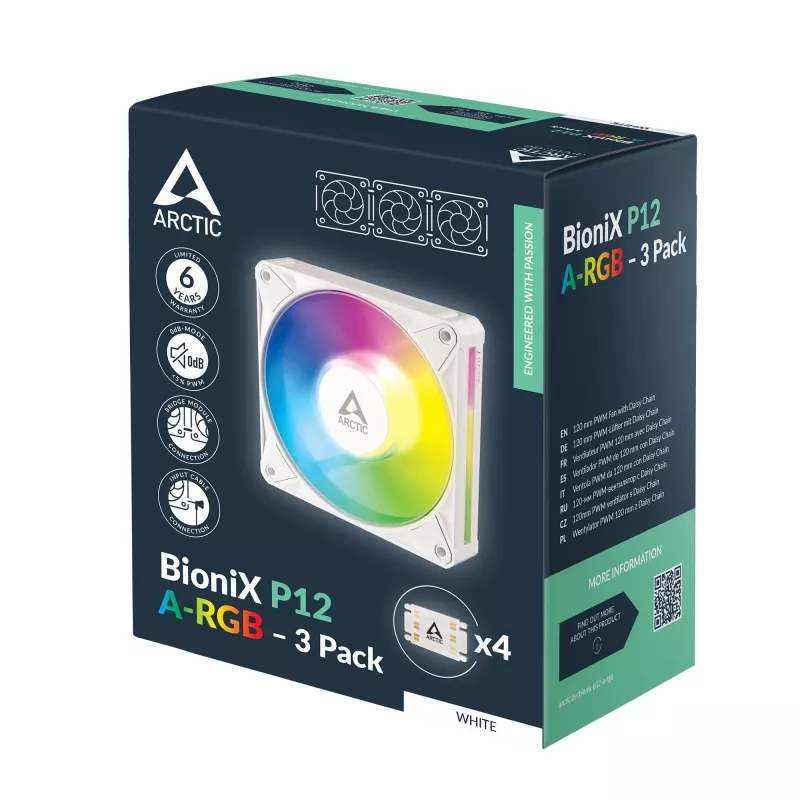 Arctic BioniX P12 A-RGB White 3-Pack – 120mm PWM Case Fan su Addressable RGB ir Daisy Chain, 450-3000 RPM