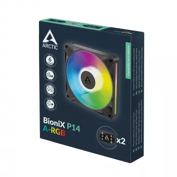 Arctic BioniX P14 A-RGB 140mm PWM Case Fan su Daisy Chain, 400-2500 RPM, 186 m³/h, juodos spalvos