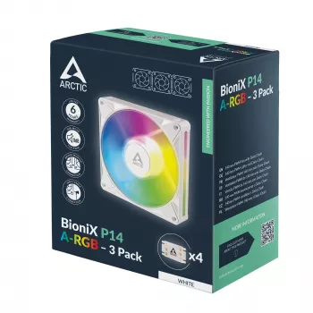 Arctic BioniX P14 A-RGB (White) 3-Pack | 140 mm PWM korpuso ventiliatorius su A-RGB apšvietimu, 400–2500 RPM
