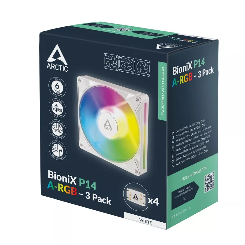Arctic BioniX P14 A-RGB (White) 3-Pack | 140 mm PWM korpuso ventiliatorius su A-RGB apšvietimu, 400–2500 RPM