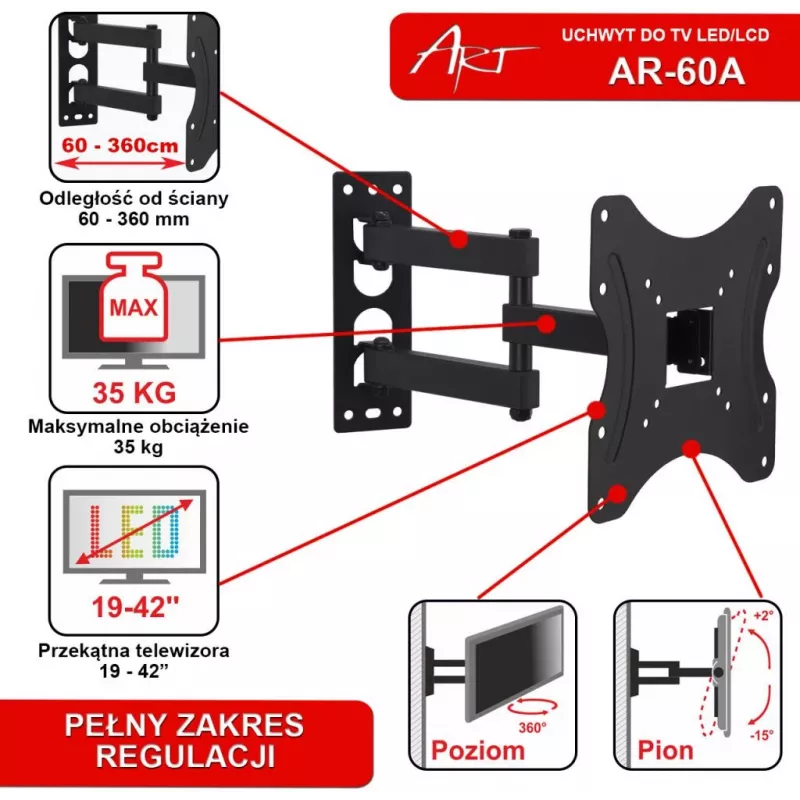 ART AR-60A Full Motion TV sieninis laikiklis 19-42 colių LED/LCD ekranams, 35 kg, juodas