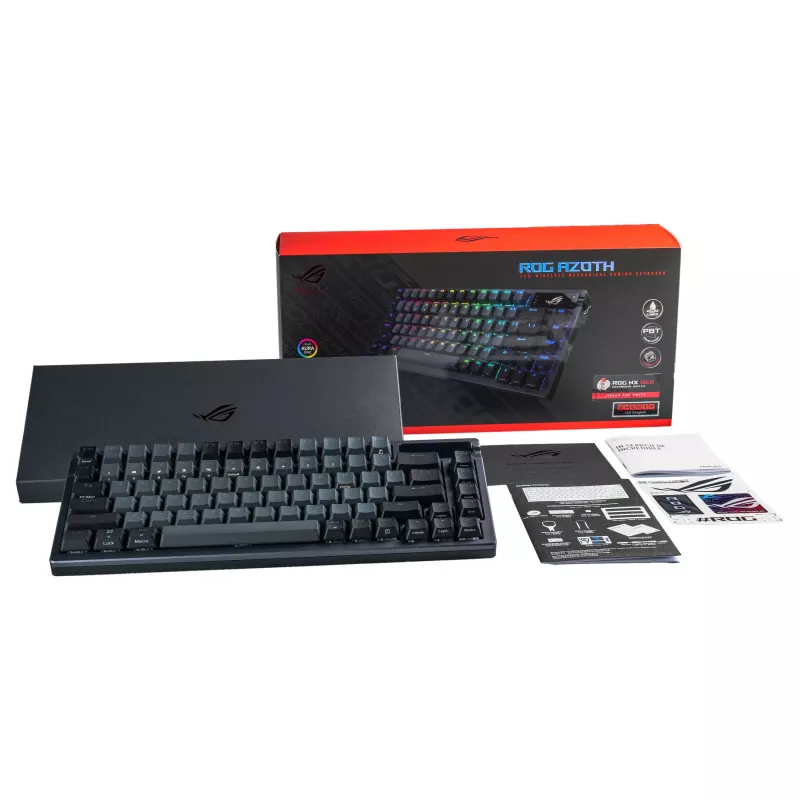 ASUS ROG Azoth 75% Hotswap mechaninė klaviatūra, trijų režimų RGB, OLED ekranas, PBT klavišų dangteliai, NX jungikliai, juoda
