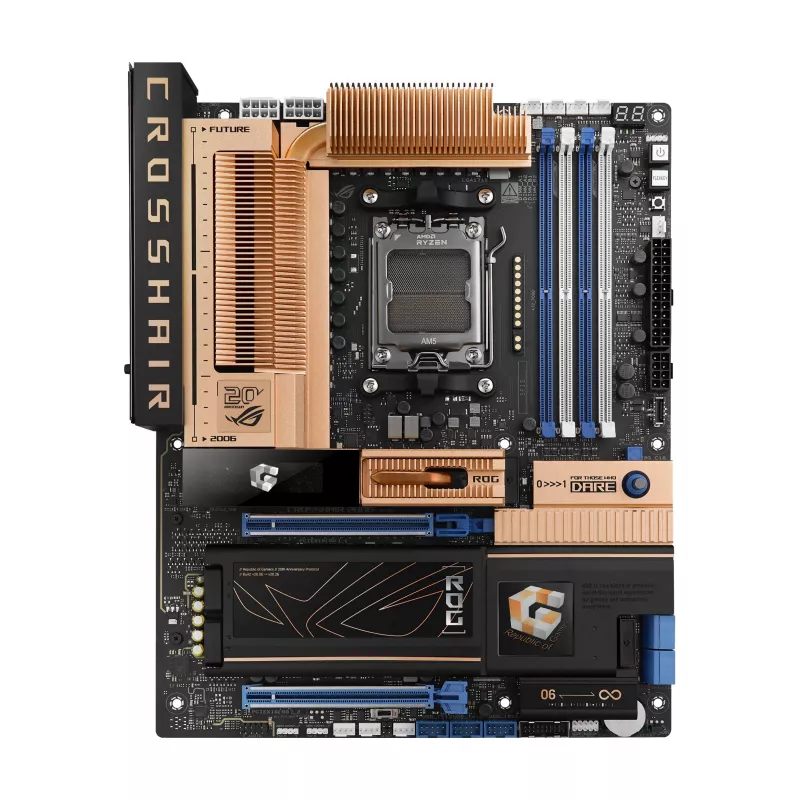 ASUS ROG CROSSHAIR X870E Gaming WiFi 7 ATX pagrindinė plokštė, skirta AMD AM5, DDR5, PCIe 5.0, 10Gb Ethernet, juoda/bronzinė