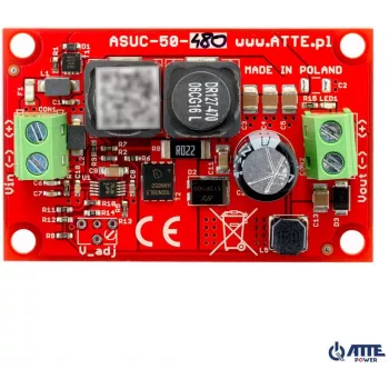 ATTE ASUC-50-480-OF Pramoninis DC/DC keitiklis, 48V įėjimas, 12V 4A išėjimas, DIN bėgelio montavimas