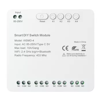 AVATTO WSMD-4 250V išmanusis jungiklio modulis, 1 grupės, nereikia nulinio laido, WiFi 2.4GHz, Tuya Smart, Alexa ir Google Home suderinamas, 10A/2200W
