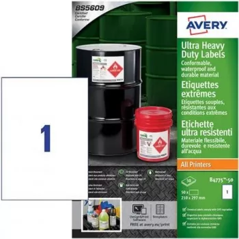 Avery Zweckform B4775-50 A4 baltos polietileno plėvelės etiketės, nuolatiniai klijai, lazeriniams spausdintuvams / kopijavimo aparatams, 50 etikečių, 210 x 297 mm