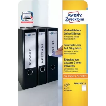 Avery Zweckform L6061REV-20 nepermatomos bylų aplankų etiketės, baltos, 59 x 192 mm, 80 etikečių (20 lapų x 4)