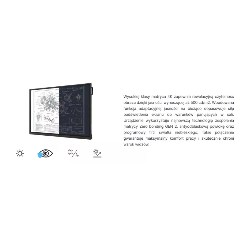 AVTEK TS 9 Mate G 86 inch 4K UHD interaktyvus liečiamasis monitorius su Android 13, 40 taškų IR liečiamuoju ekranu, 8 GB RAM, 128 GB atmintimi, Wi-Fi 6, Bluetooth 5.2, dvigubais 16 W garsiakalbiais, 8 mikrofonų masyvu, VESA 800x600