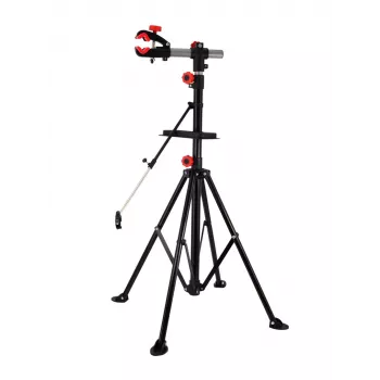 AWTOOLS 30kg Dviračių remonto stovas su 360° besisukančiu spaustuku, sulankstomu trikoju, įrankių padėklu, reguliuojamo aukščio 107-190cm, juoda/raudona