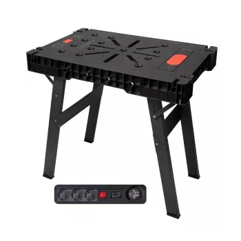 AWTOOLS Sulankstomas dirbtuvių stalas su elektros lizdų bloku, greitas surinkimas, 1000x600x750 mm, 150 kg talpa, juodas rėmas, natūralaus medžio stalviršis