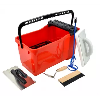 AWTOOLS Profesionalus plytelių klojimo rinkinys su kibiru – 5 dalių plytelių klojimo komplektas (24 l kibiras, kempinė plūdė, dantyta mentele, kelių apsaugos, pirštinės)