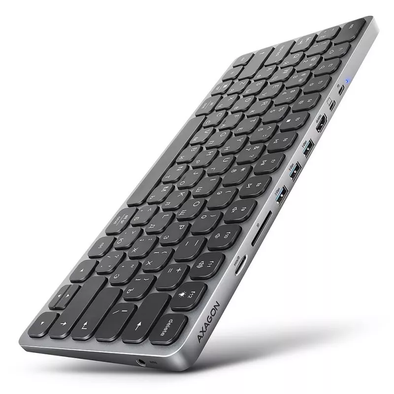 AXAGON HMC-KB-CRL USB-C klaviatūra su 9-in-1 stotele, HDMI 4K, PD 100W, Gigabit Ethernet, kortelių skaitytuvu, juoda