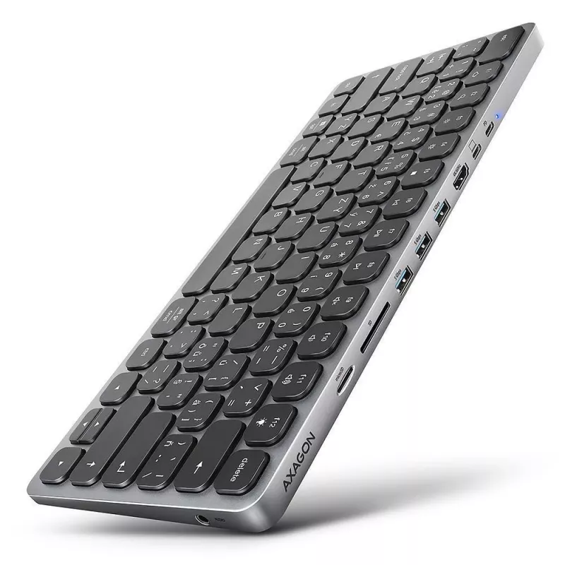 AXAGON HMC-KB-US USB-C klaviatūra su 9-in-1 šakotuvu, US QWERTY, 4K HDMI, Gigabit LAN, kortelių skaitytuvu, 0,6 m