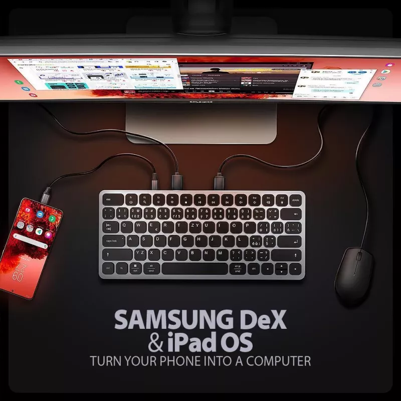 AXAGON HMC-KB-US USB-C klaviatūra su 9-in-1 šakotuvu, US QWERTY, 4K HDMI, Gigabit LAN, kortelių skaitytuvu, 0,6 m