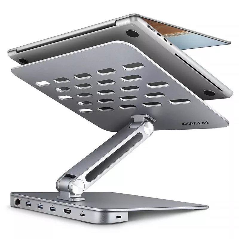 AXAGON HMC-STND Notebook Stand 10-16 inch su 7-in-1 USB-C Hub, 4K HDMI, 100W PD, Gigabit Ethernet, SD kortelių skaitytuvu – sidabrinis