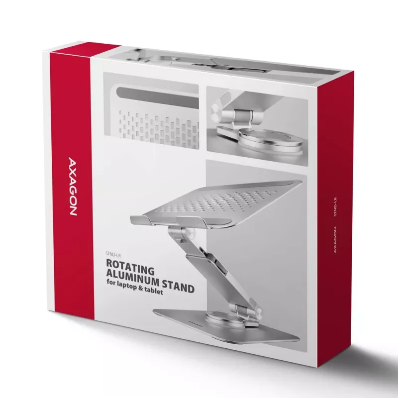 AXAGON STND-LR 360° besisukantis aliumininis nešiojamojo kompiuterio stovas, skirtas 10 inch-17 inch nešiojamiesiems kompiuteriams, sidabrinis