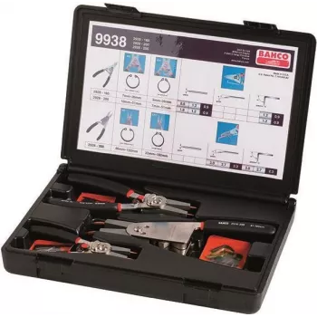 Bahco 9938 fiksavimo žiedų replių rinkinys, 4 dalių, 180 mm, vidiniams/išoriniams, tiesios/lenktos, susukamas dėklas