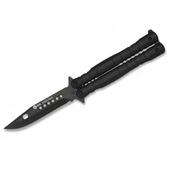 Balisong drugelio peilis K25 02131 juodas 440 nerūdijančio plieno clip point ašmenimis, aliuminio rankena