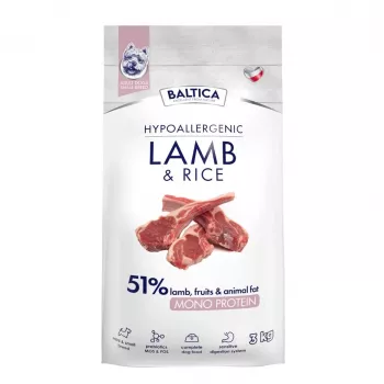BALTICA NUTRACEUTIC Hip alerginis ėriukienos ir ryžių sausas šunų maistas ypač mažų ir mažų veislių šunims, 3 kg