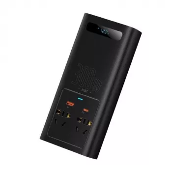 Automobilinis keitiklis Baseus IGBT 300W/220V su dviem EU lizdais, USB-C PD, USB-A QC, akumuliatoriaus spaustukais ir cigarečių degiklio laidais, juodas (CGNB010101)