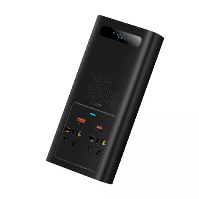 Automobilinis keitiklis Baseus IGBT 300W/220V su dviem EU lizdais, USB-C PD, USB-A QC, akumuliatoriaus spaustukais ir cigarečių degiklio laidais, juodas (CGNB010101)