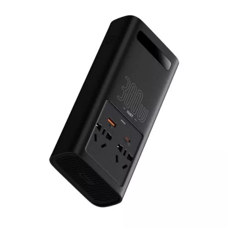 Automobilinis keitiklis Baseus IGBT 300W/220V su dviem EU lizdais, USB-C PD, USB-A QC, akumuliatoriaus spaustukais ir cigarečių degiklio laidais, juodas (CGNB010101)