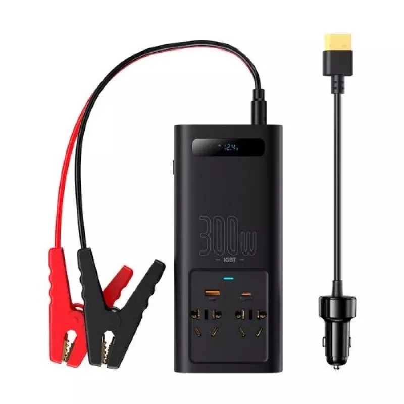 Automobilinis keitiklis Baseus IGBT 300W/220V su dviem EU lizdais, USB-C PD, USB-A QC, akumuliatoriaus spaustukais ir cigarečių degiklio laidais, juodas (CGNB010101)