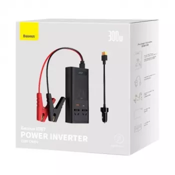 Automobilinis keitiklis Baseus IGBT 300W/220V su dviem EU lizdais, USB-C PD, USB-A QC, akumuliatoriaus spaustukais ir cigarečių degiklio laidais, juodas (CGNB010101)