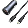 Baseus Golden Contactor Pro Dual Quick Car Charger 40W USB-C + USB-A PD 3.0 QC 4+ SCP FCP AFC su Type-C į Lightning kabeliu 1m Juoda Tamsiai Pilka