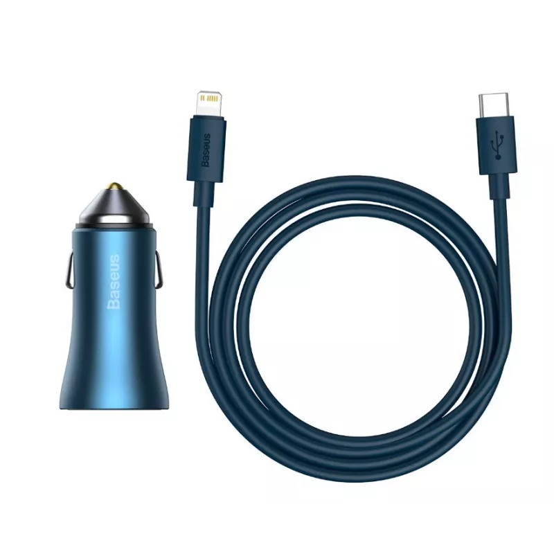 Baseus Golden Contactor Pro Dual Quick Car Charger 40W su USB-C į Lightning laidu 1m mėlyna