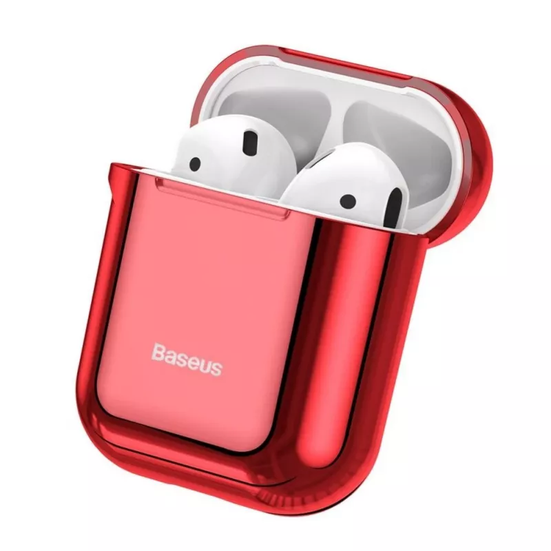 Baseus Metallic Shining itin plonas silikoninis apsauginis dėklas su kabliuku, skirtas AirPods 1 / 2, raudonas