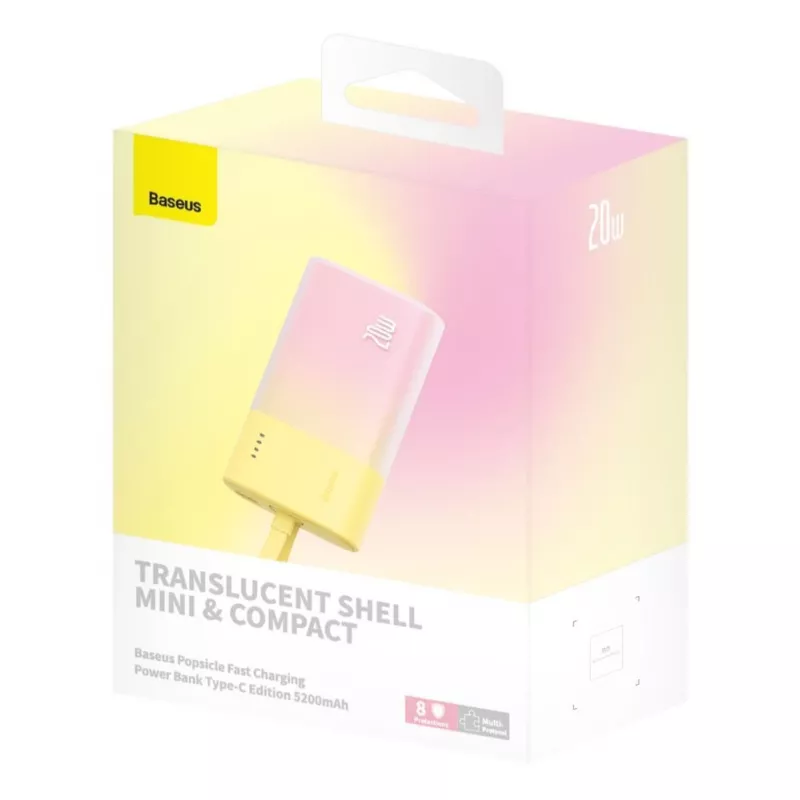 Baseus Popsicle 5200mAh 20W Power Bank su įmontuotu Lightning laidu ir baltu Baseus Simple USB-C į USB-C 60W 30cm laidu - Geltona-Rožinė