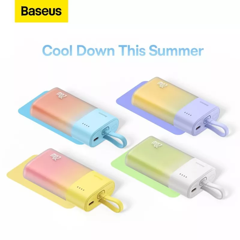 Baseus Popsicle 5200mAh 20W Power Bank su įmontuotu Lightning laidu ir baltu Baseus Simple USB-C į USB-C 60W 30cm laidu - Geltona-Rožinė