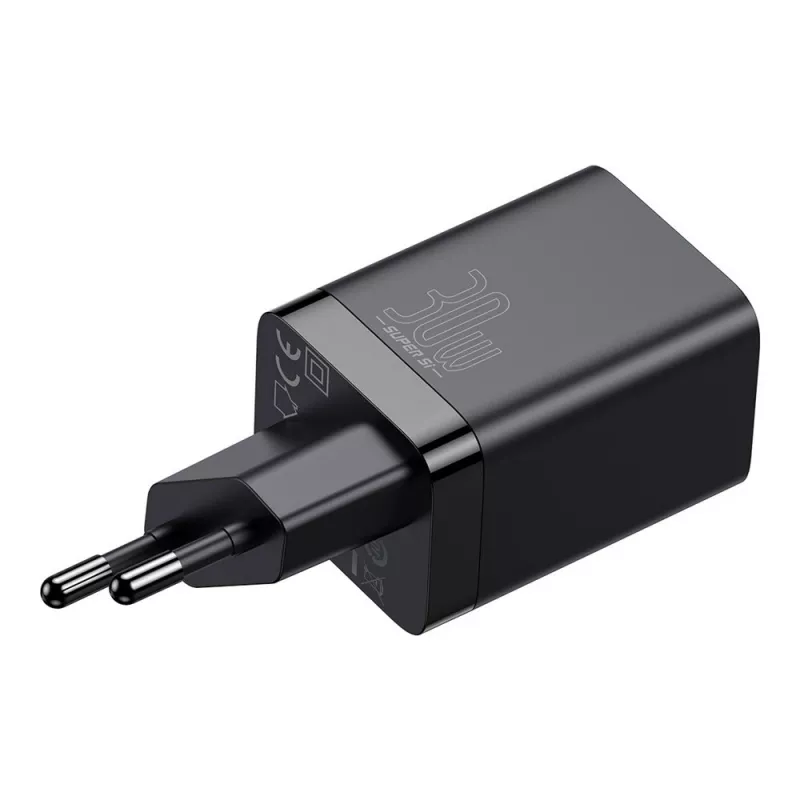 Baseus Super Si Pro Mini Fast Charger 30W, USB-C + USB-A, PD 3.0, QC 3.0, EU Plug, Black (CCSUPP-E01)