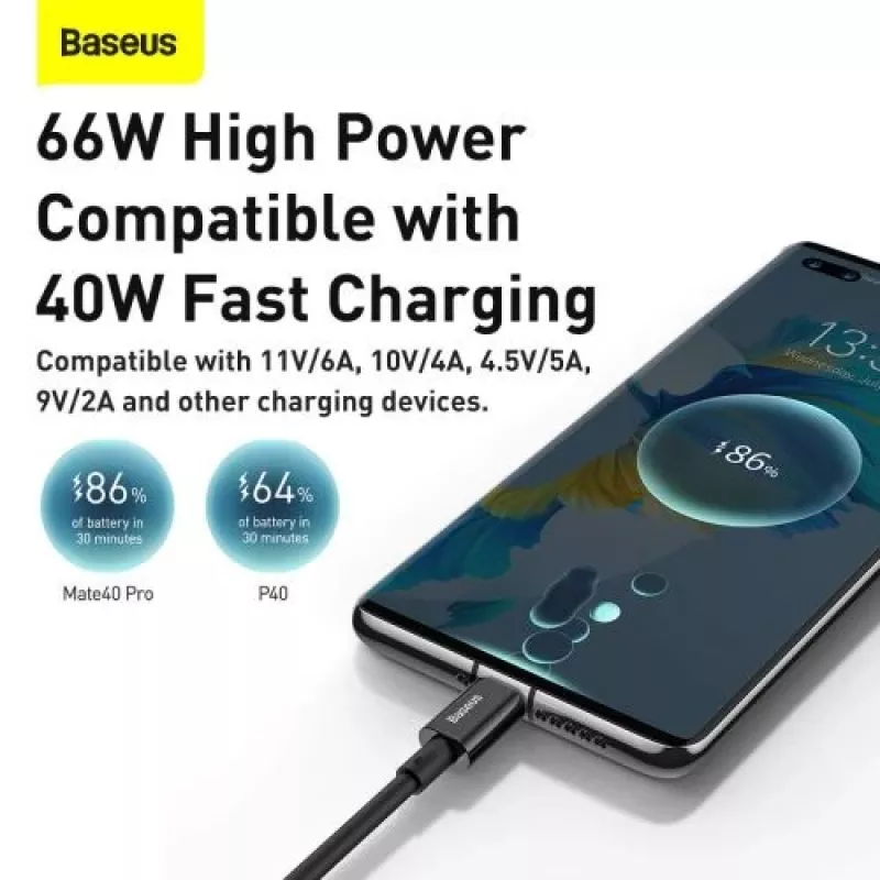 Baseus Superior Series USB-A į USB-C greito įkrovimo duomenų laidas, 66W (11V/6A), 2m, juodas (CATYS-A01)