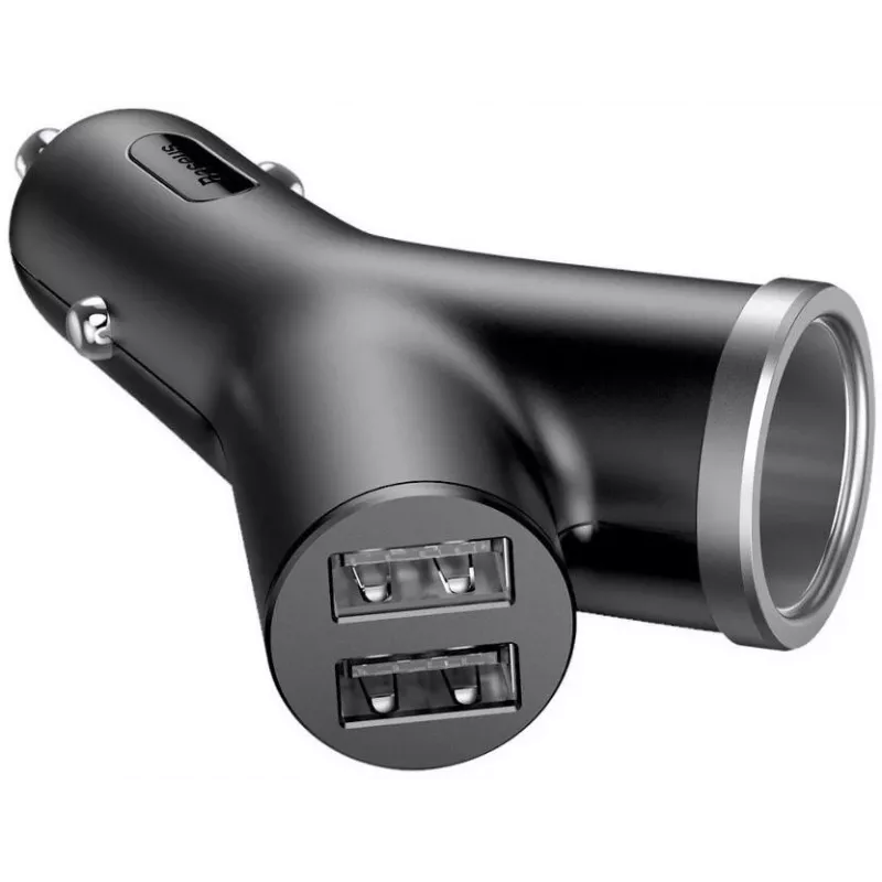 Baseus Y Type automobilinis įkroviklis, 2 USB + cigarečių uždegimo lizdas, 3.4A, juodas (CCALL-YX01)