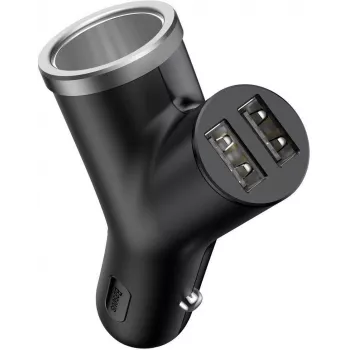 Baseus Y Type automobilinis įkroviklis, 2 USB + cigarečių uždegimo lizdas, 3.4A, juodas (CCALL-YX01)