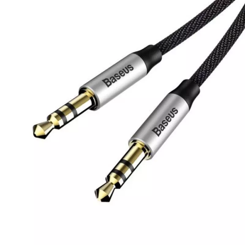 Baseus Yiven M30 3.5mm garso laidas (vyras į vyrą) – 1 m, nailono pynė, auksu padengtas, juodas/sidabrinis