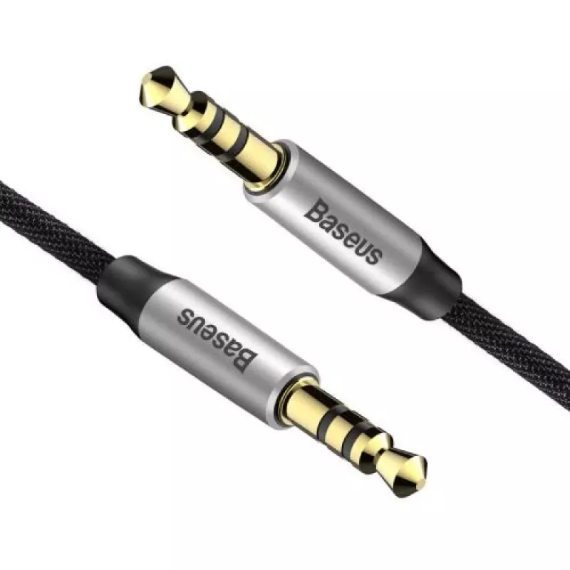 Baseus Yiven M30 3.5mm garso laidas (vyras į vyrą) – 1 m, nailono pynė, auksu padengtas, juodas/sidabrinis
