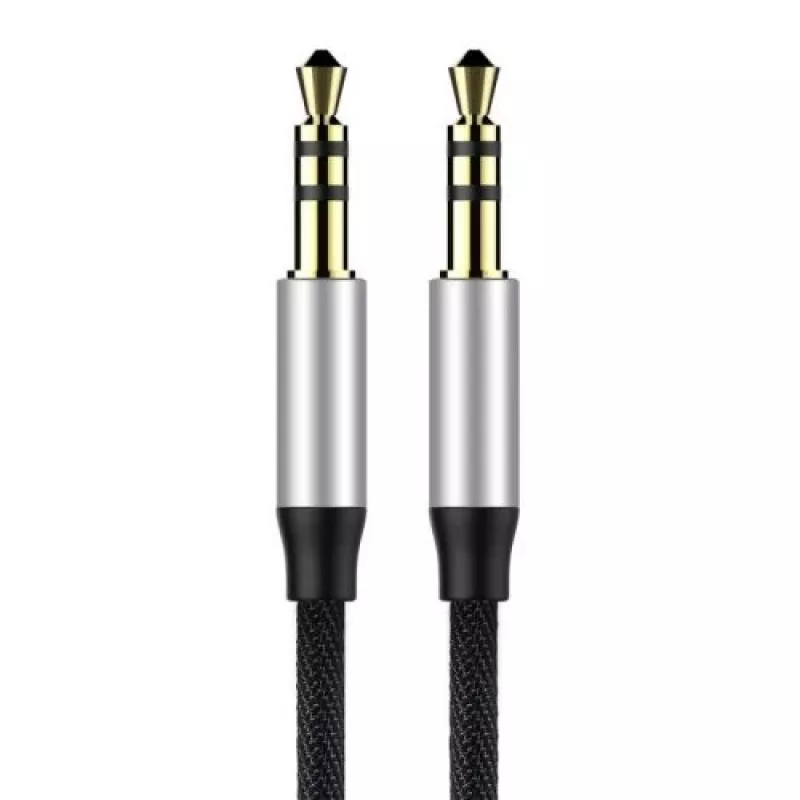 Baseus Yiven M30 3.5mm garso laidas (vyras į vyrą) – 1 m, nailono pynė, auksu padengtas, juodas/sidabrinis