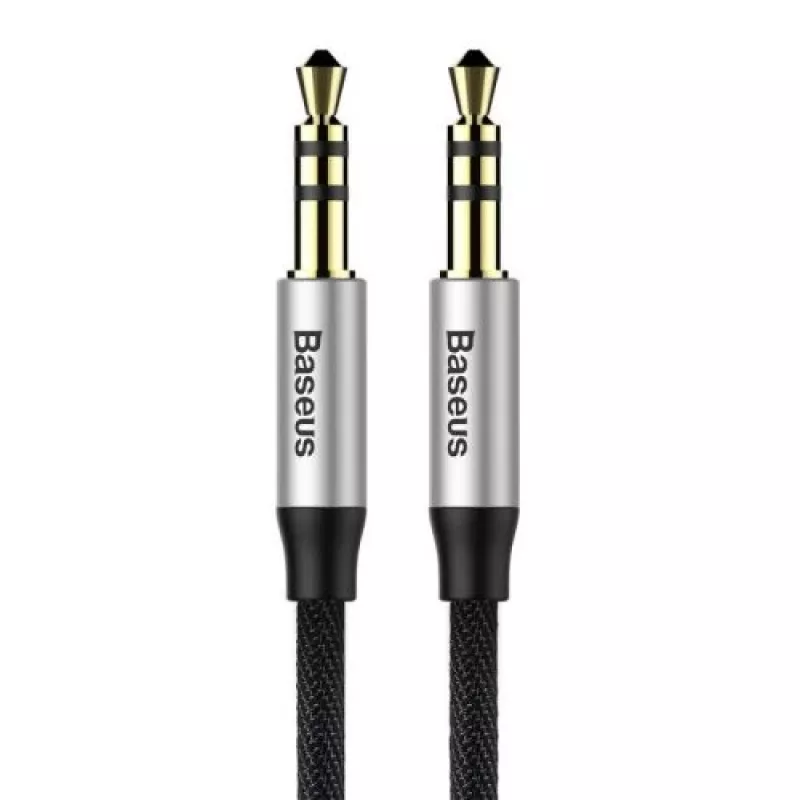 Baseus Yiven M30 3.5mm garso laidas (vyras į vyrą) – 1 m, nailono pynė, auksu padengtas, juodas/sidabrinis