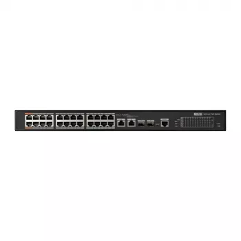BCS 24-Port Gigabit PoE+ pramoninis išmanusis valdomas jungiklis su 2 SFP, 300W biudžetu, DIN bėgeliu