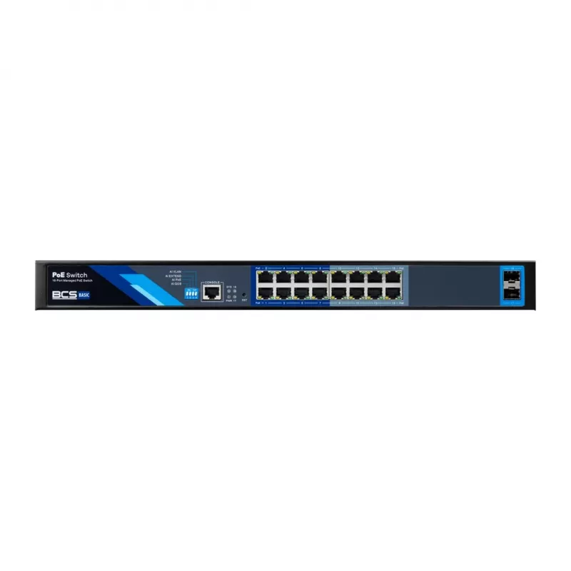 BCS B-SP16G-2SFP-M pramoninis nevaldomas 16 prievadų gigabitas PoE+ jungiklis su 2 SFP lizdais, 240W PoE biudžetas, DIN bėgio montavimas