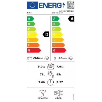 BEKO BMM5DFO5741W Skalbimo džiovinimo mašina, 7 kg skalbimas / 5 kg džiovinimas, 1400 aps/min, energijos klasė D, balta